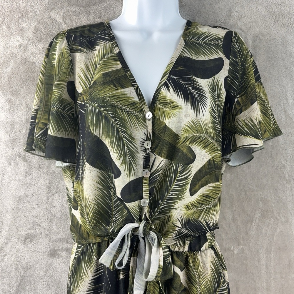 Show Me Your Mumu Blouse Womens Medium Green Palm Leaf Button Front‎ Tie Waist